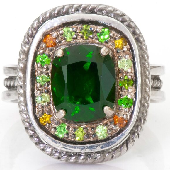 Unique Natural Chrome Diopside Ring With Demantoid Garnets Sterling Silver Sz 7 - Picture 1 of 10